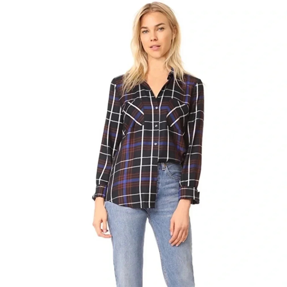 L'agence Silk Back Button Down Shirt Black Blue Plaid Flannel size XS